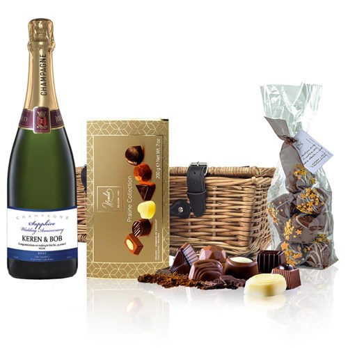 Personalised Champagne - Sapphire Anniversary Label And Chocolates Hamper